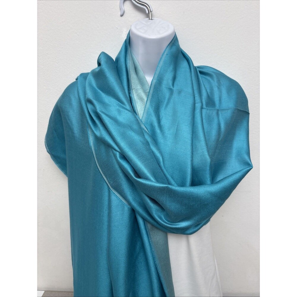 Vintage Pashmina, Fringed Large Scarf, Silky 2-Tone Teal Blue, 72" x 26"